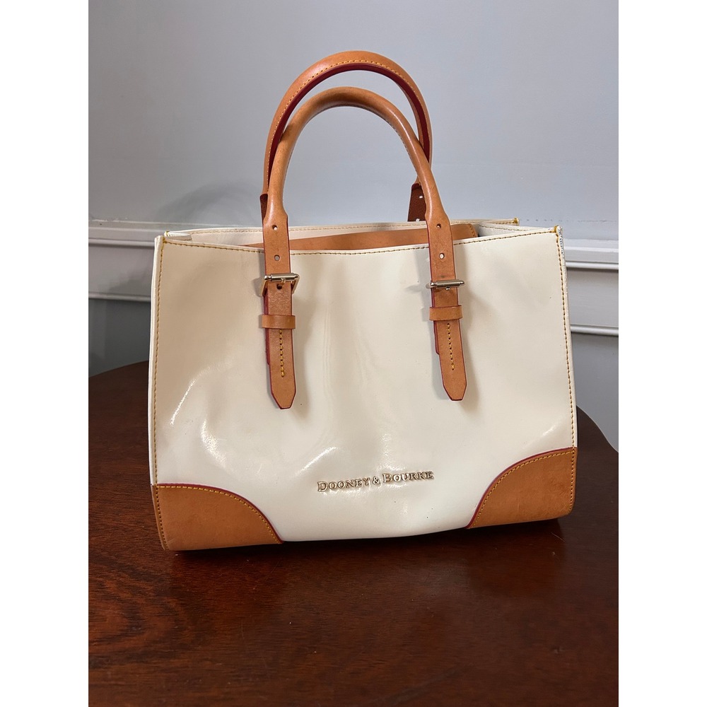 Dooney & Bourke Cream Leather Satchel Handbag Tan Vachetta Trim Red Lining